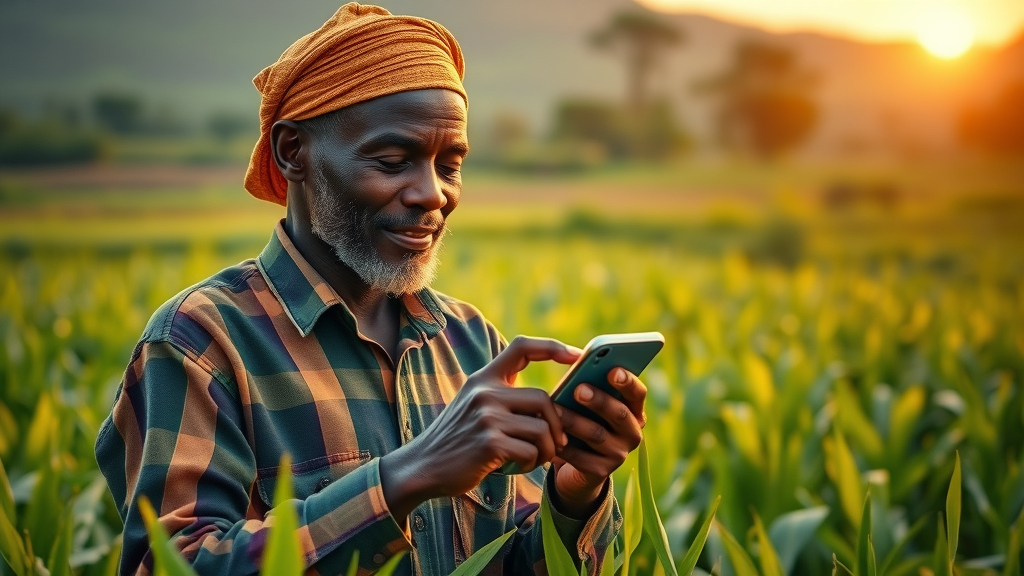 AI applications in Africa: African farmer using AI-powered mobile app in lush green field
