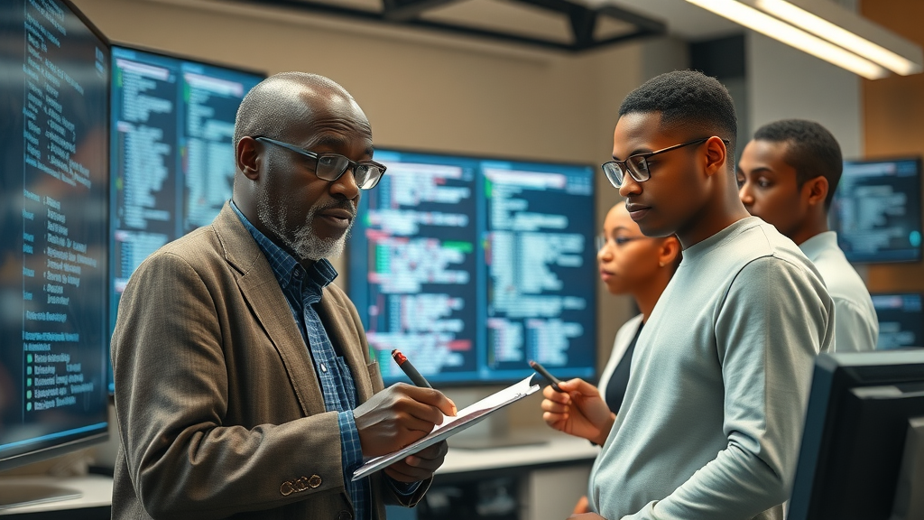 AI applications in Africa: professor and students analyzing AI algorithms in a university lab