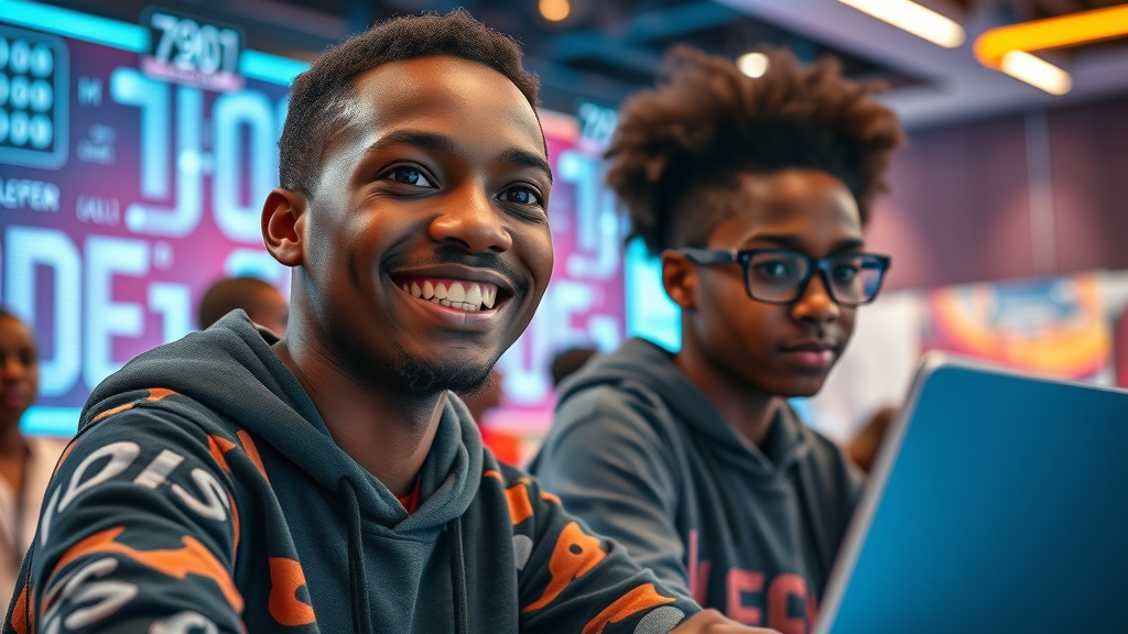 Inspired African youth at coding bootcamp or hackathon, futuristic tech event, collaborative learning, digital screens, vibrant neon light, AI strategy in Africa.