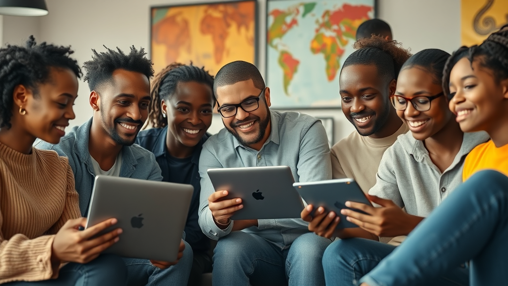 Diverse young African innovators collaborating on AI projects embodying the promise of the future of AI in Africa