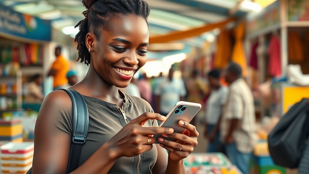 Digital payments Africa: Confident African woman using smartphone for market purchase, illustrating digital economy and tech trend adoption