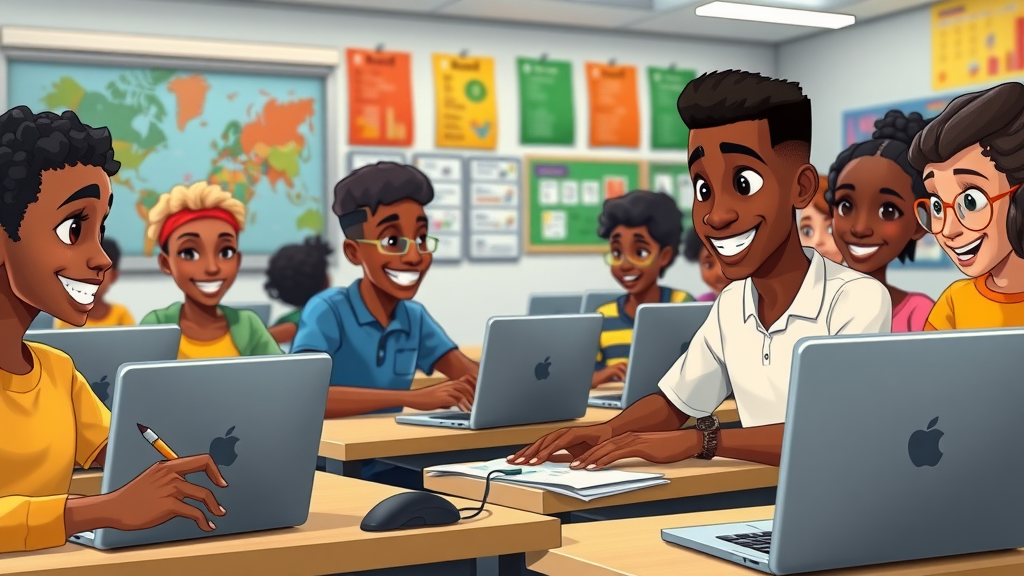 digital skills Africa students learning coding in modern classroom digital boards