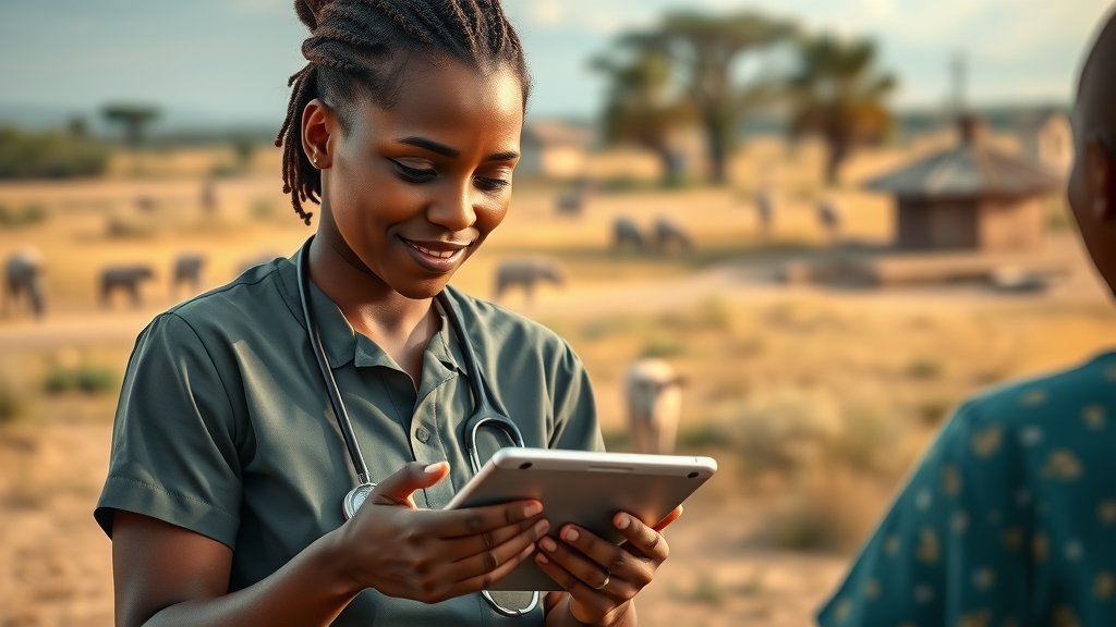 African health worker using AI-powered tablet in remote clinic, showing practical machine learning Africa applications for healthcare