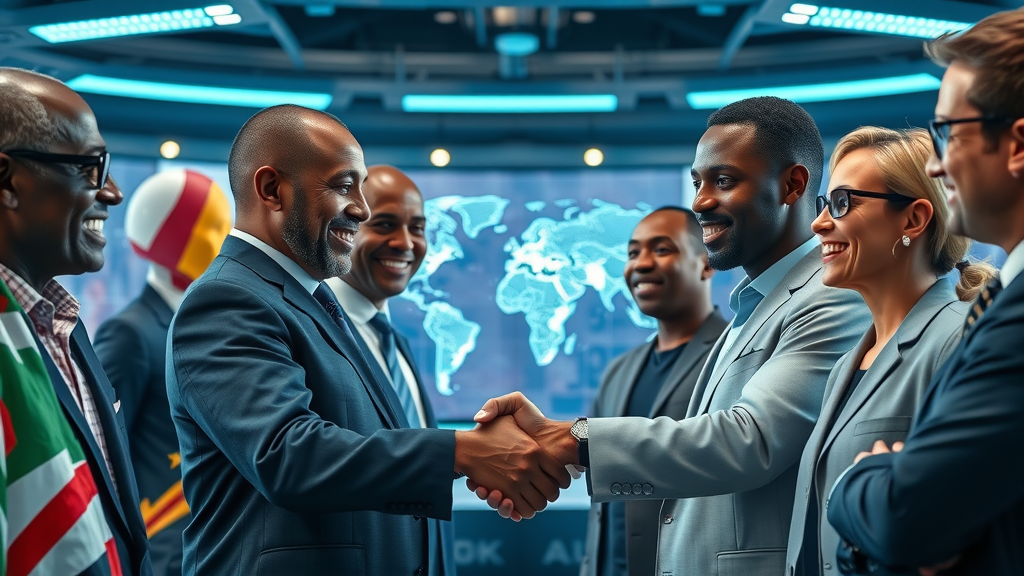African and international tech leaders shaking hands at global conference on machine learning Africa, with digital world maps in the background