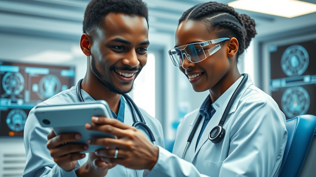 African healthcare provider using AI medical device with patient in a high-tech clinic
