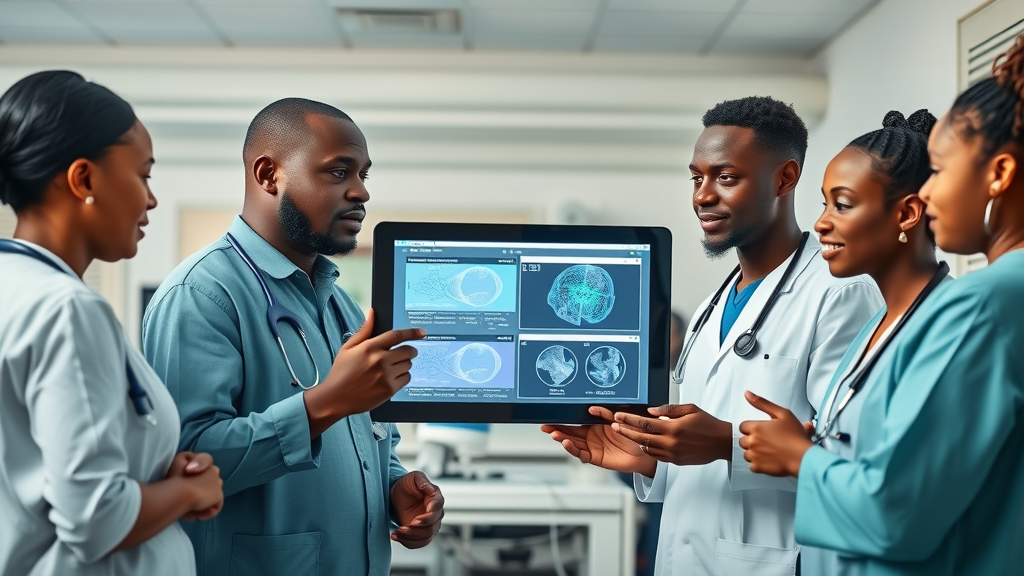 African medical team using AI-powered diagnostic results for healthcare innovation in South Africa