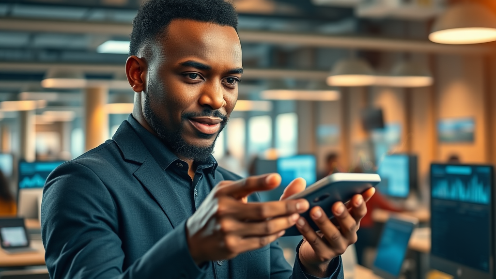 Dynamic African fintech startup founder interacting with digital payments—African tech pioneers in fintech