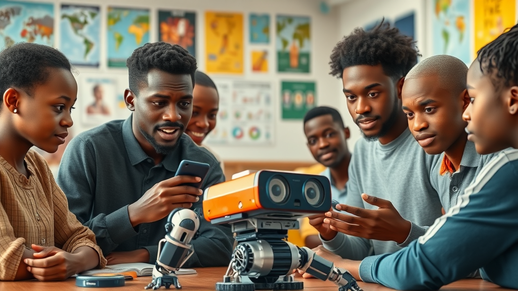 Inspiring African students working on AI robotics, participating in machine learning Africa education in a vibrant university classroom