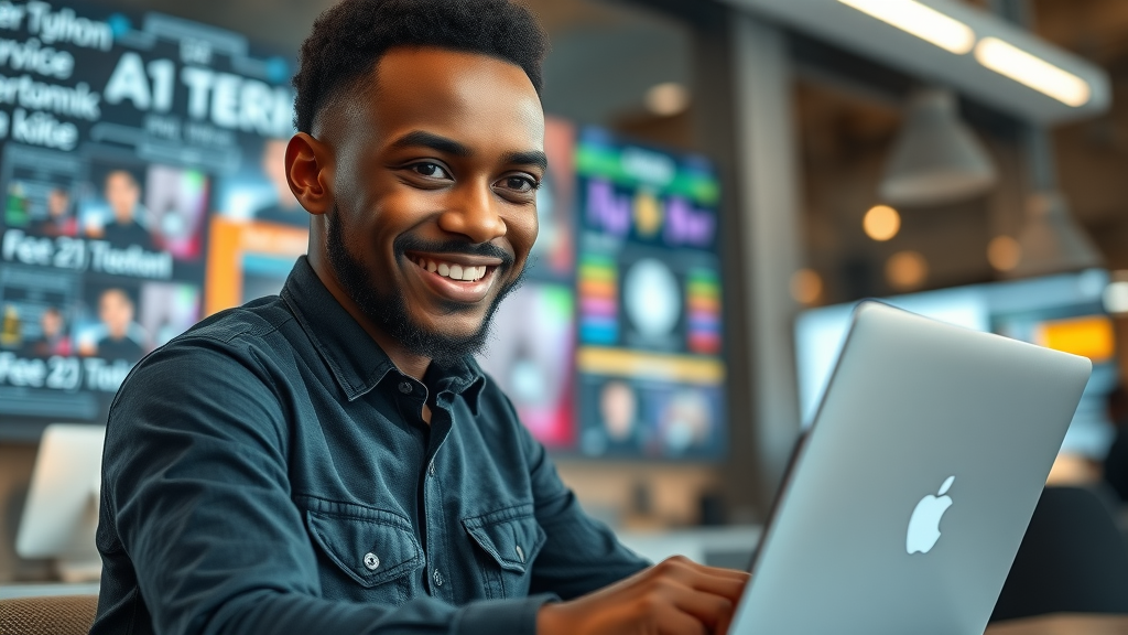 Confident African entrepreneur coding AI software in a tech hub