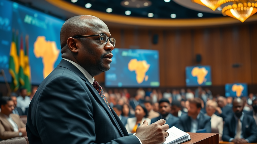 Visionary African government official addressing AI policy, grand conference room with African flags and digital projections, delegates listening and taking notes—showcasing African leadership in the future of AI in Africa.