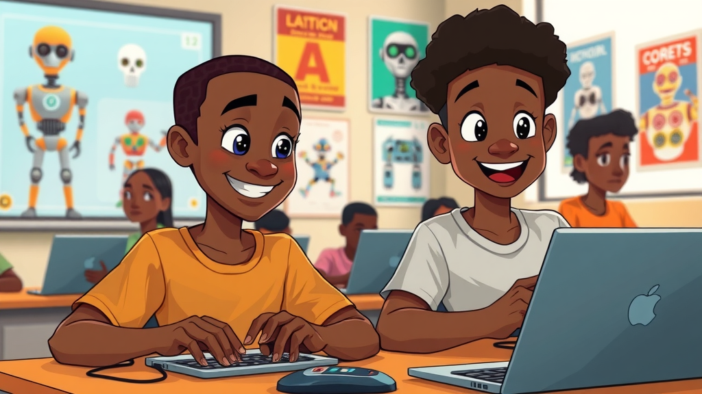 aspiring African coders, hopeful, learning AI programming, digital classroom with smartboards and posters of robots, students coding on laptops, AI innovation in Africa, warm colors, 24mm lens