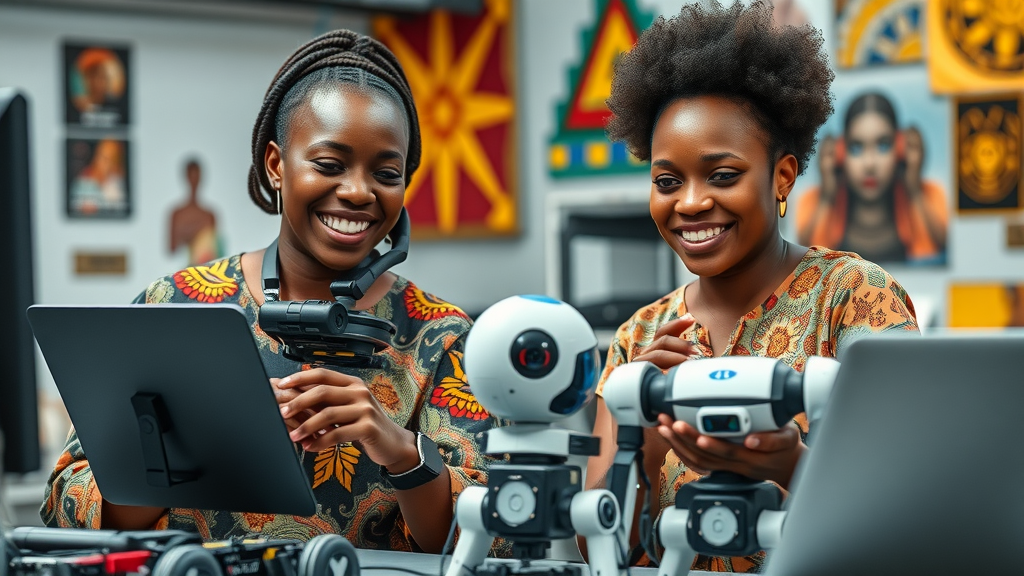 African women coding and assembling AI robots, fostering inclusion