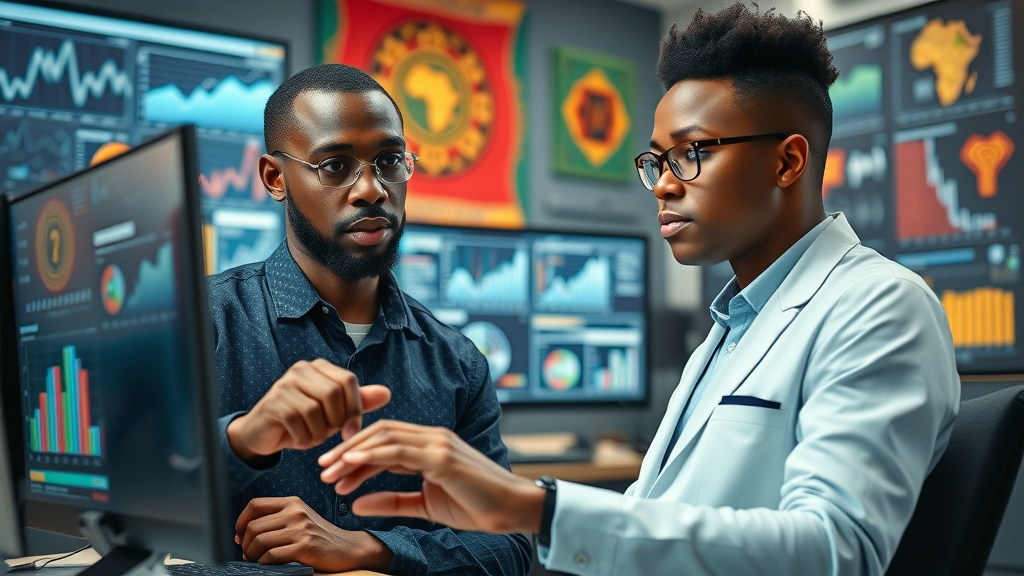 AI research Africa - African researchers analyzing vibrant data visualizations in a modern tech workspace showcasing collaborative teamwork and statistics on screens