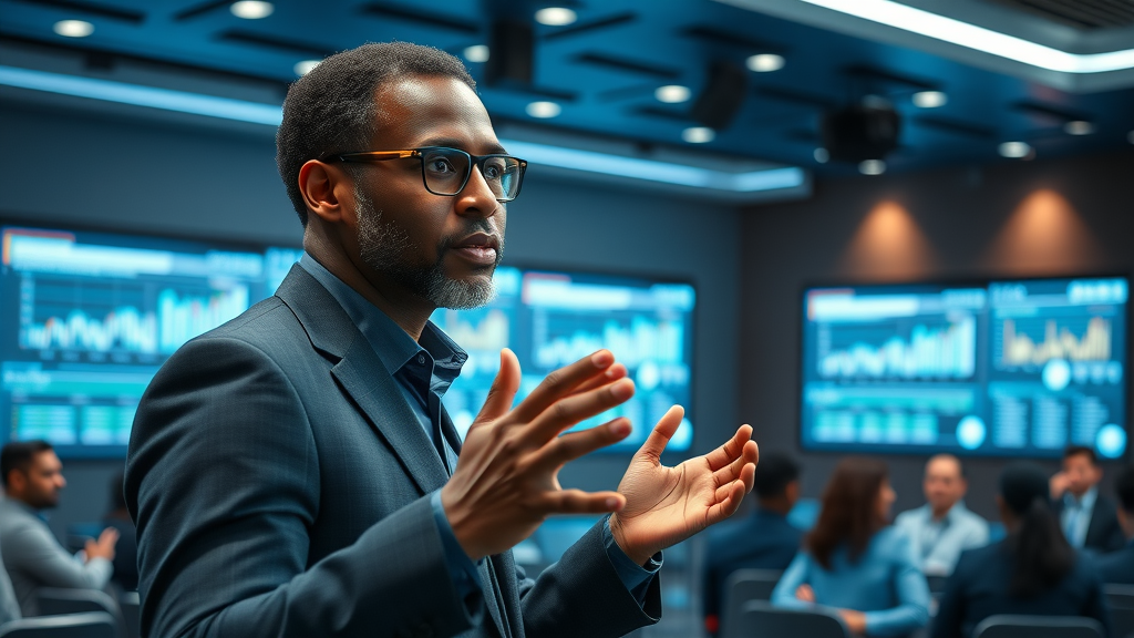 Dynamic African AI Startup CEO Presenting Artificial Intelligence Strategy to Enthusiastic Audience