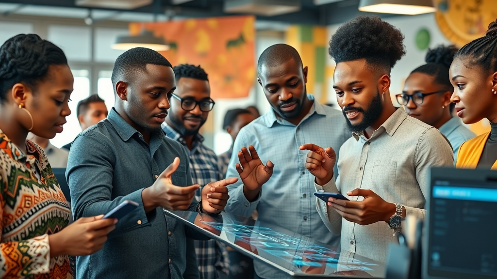 vibrant African tech hub, diverse group of innovators, focused, collaborating over digital devices, modern coworking space with African motifs, highly detailed, people gesturing towards futuristic digital displays, AI innovation in Africa, crisp color, natural balanced lighting, wide-angle lens