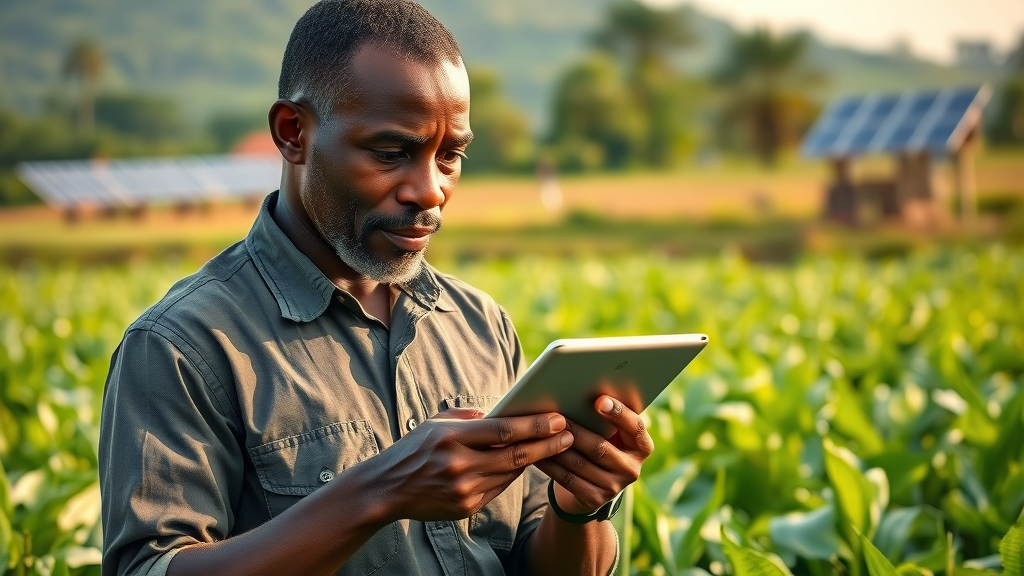 AI use case: African farmer using digital tablet and AI-powered agriculture app in smart farming