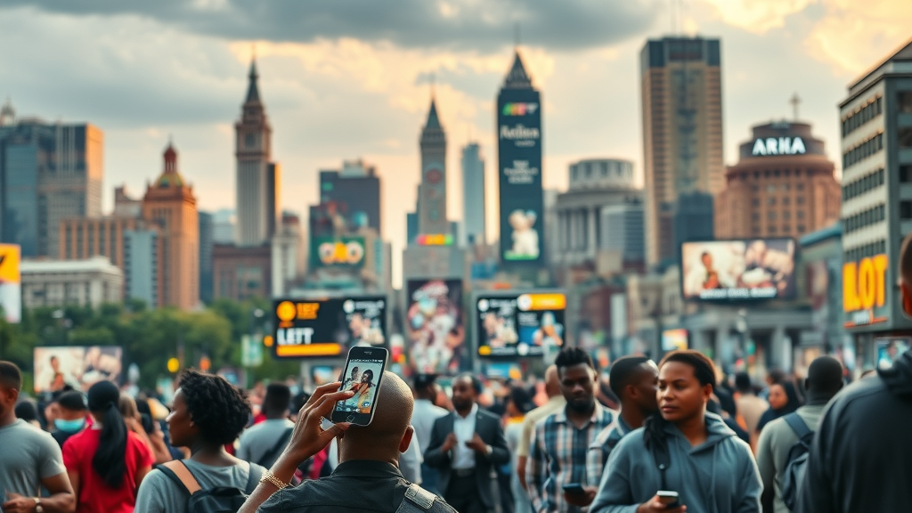 digital transformation Africa urban cityscape with modern technology, digital public screens, and traditional African architectural elements