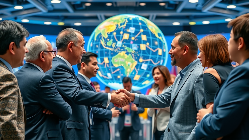 collaborative international tech summit showing delegates and digital globe displaying AI networks 2025