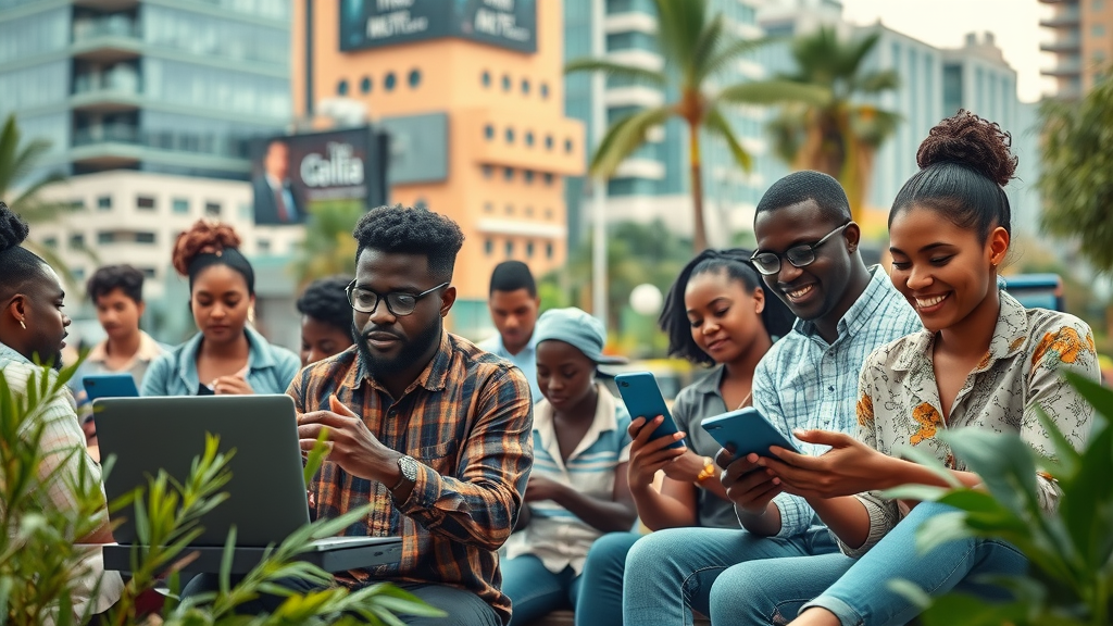 Technology trends Africa: African city with digital growth, entrepreneurs with laptops and mobile devices, vibrant and innovative energy