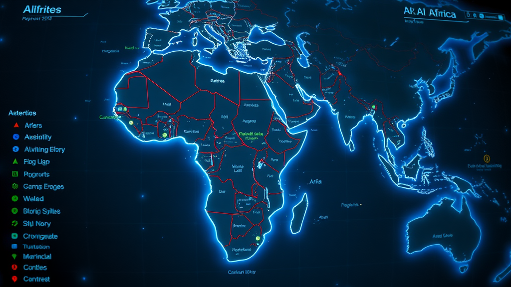 pan-African digital map, highlighted countries displaying AI strategy implementation, holographic overlays, AI innovation in Africa, glowing cyber-lighting, drone aerial lens
