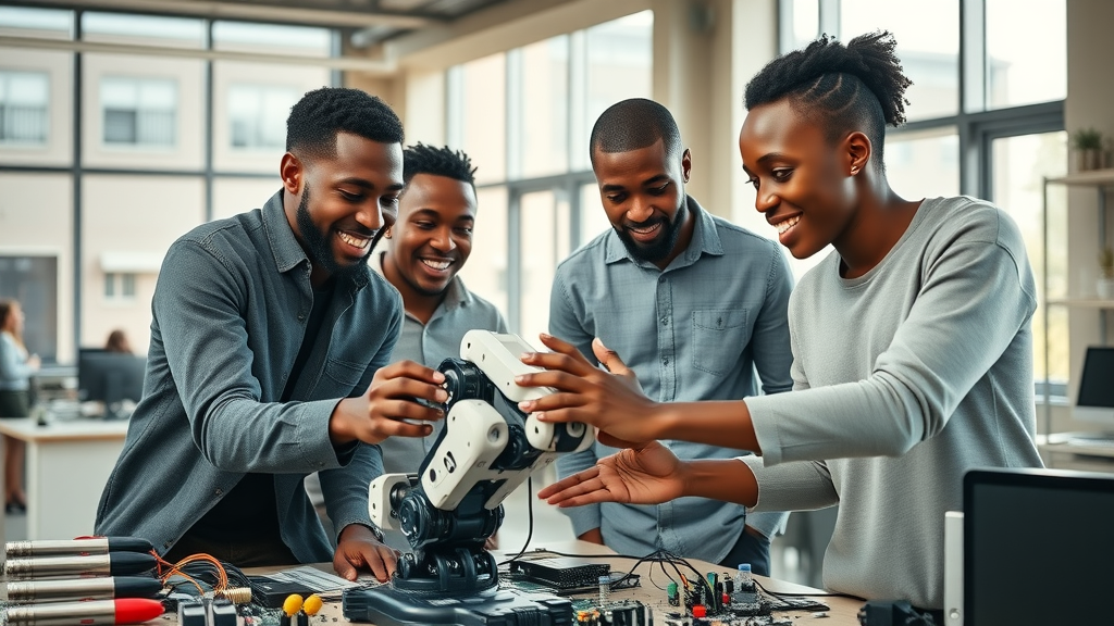 Aspiring African university students collaborating on AI robotics project highlighting AI app development africa