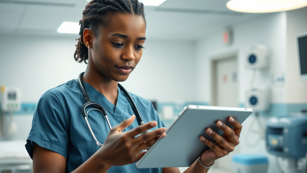 African healthcare worker analyzing AI-stabilized medical data, innovative digital healthcare