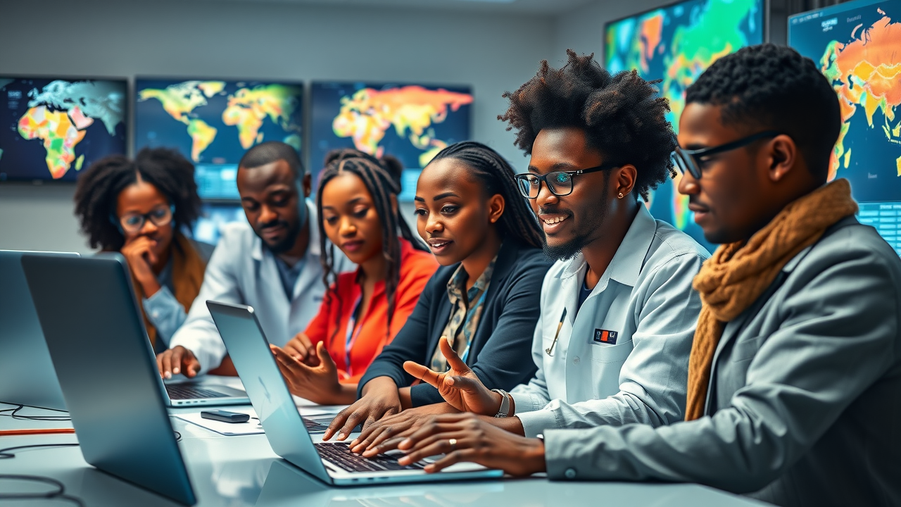 Vibrant, diverse African data scientists collaborating on machine learning initiatives in a modern African research lab, with visible African geography on wall screens, representing machine learning Africa