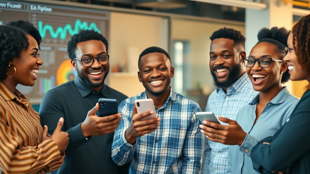 Innovative African fintech startup team presenting AI-powered mobile banking app for AI app development africa in fintech