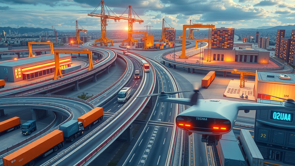 Cutting-edge African transportation hub with AI-powered logistics drones and vehicles in South Africa