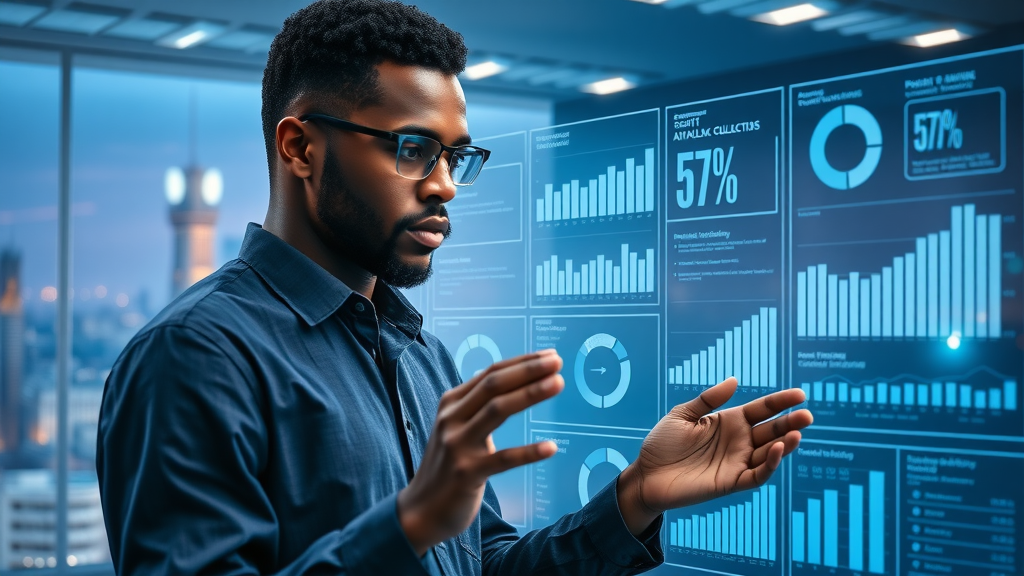 Modern African data analyst reviewing infographics on AI watermarking and intellectual property law statistics