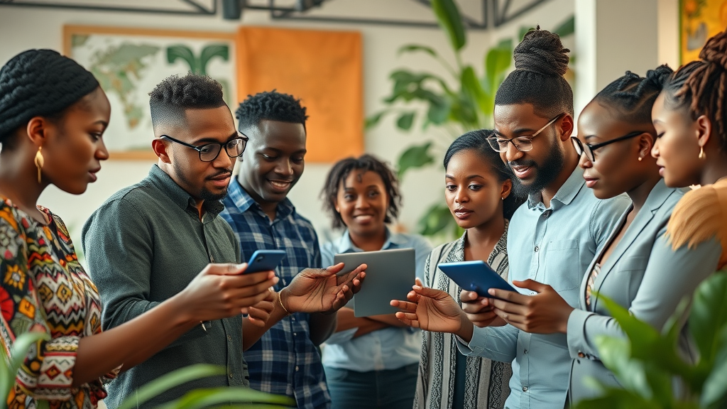 dynamic African tech innovation hub, diverse group of young professionals collaborating on futuristic gen ai projects