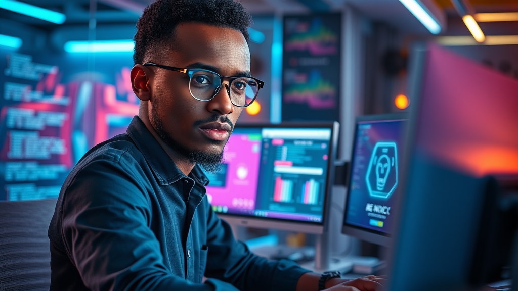 Young African software engineer creating AI algorithms for economic growth