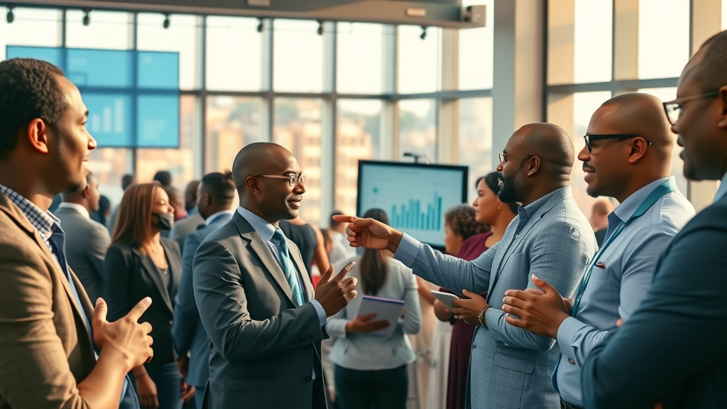 ai innovations africa 2025 business conference scene, professionals discussing AI growth charts, African cityscape