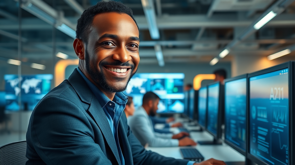 African business leader overseeing AI model development in high-tech open office, data visualizations, digital skills, team working on AI in Africa, modern metallic blue lighting.