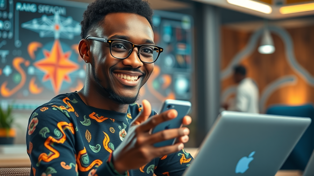 Optimistic young African AI entrepreneur brainstorming projects symbolizing ai experts africa innovation