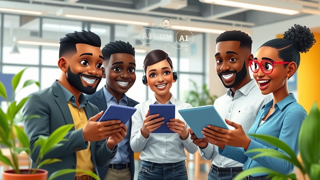 African fintech startup brainstorming AI solutions, vibrant workspace
