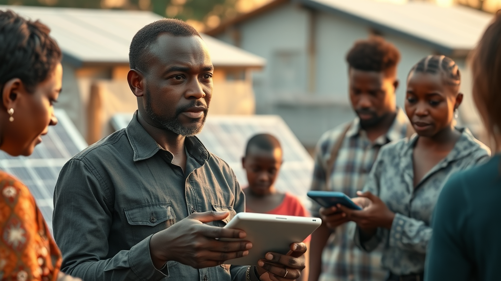 African technology startups leader explains technology to community group outdoors