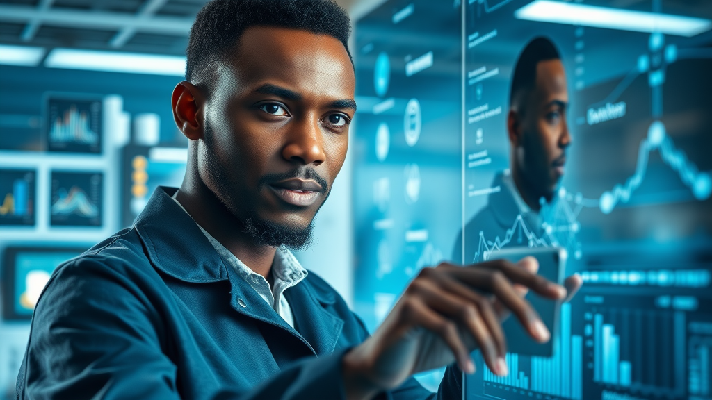 visionary African data scientist analyzing complex AI data streams on futuristic screens, advanced research facility with digital neural network graphs.