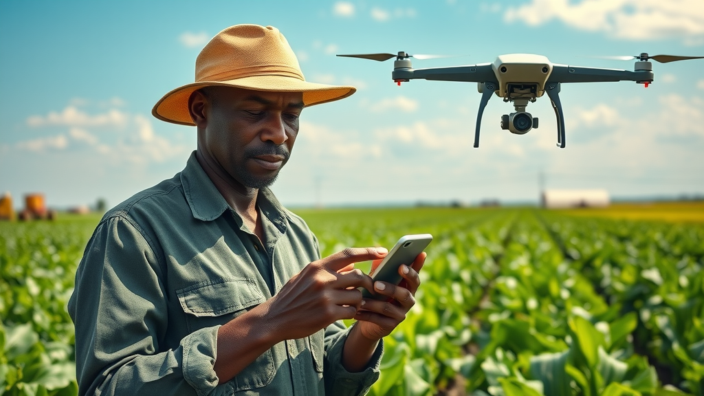 Kenyan farmer using smart device and drone on tech-enabled farm, digital irrigation, lush green fields, AI use case, natural sunlight, innovation in agriculture.