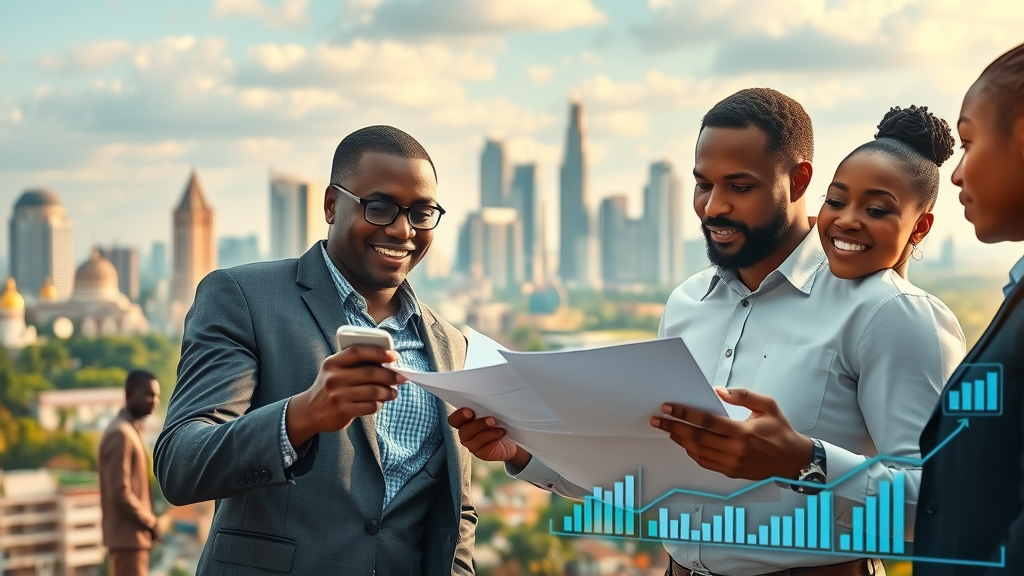 AI impact on African economy: Vibrant African cityscape with professionals analyzing data charts, digital data overlays signifying economic growth