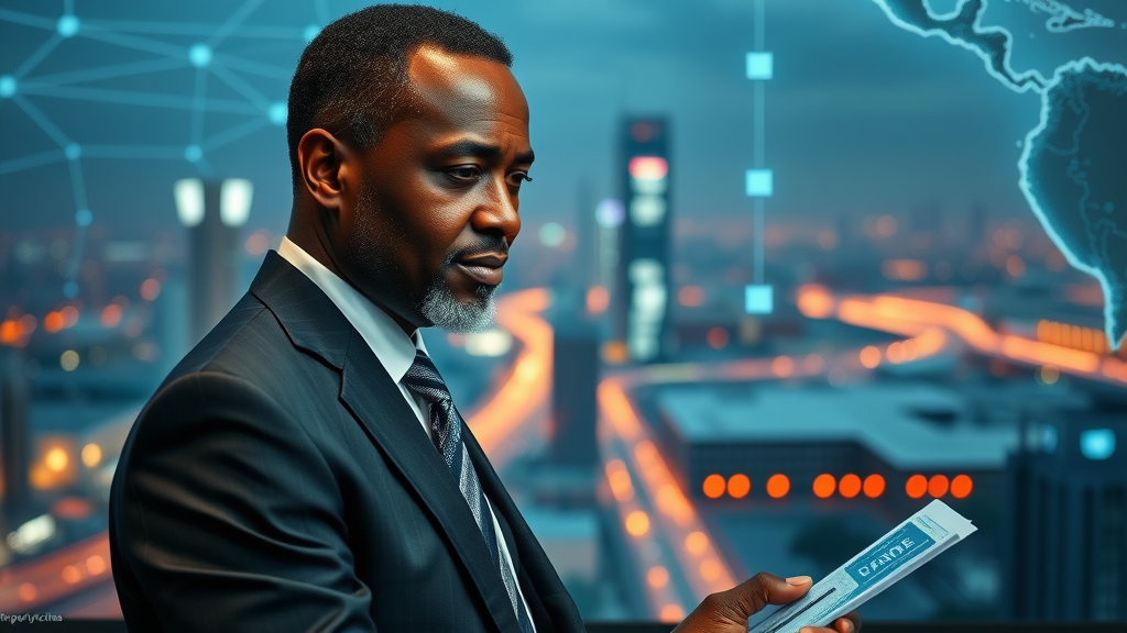 African policymaker reviewing AI infrastructure plans with city view and virtual maps