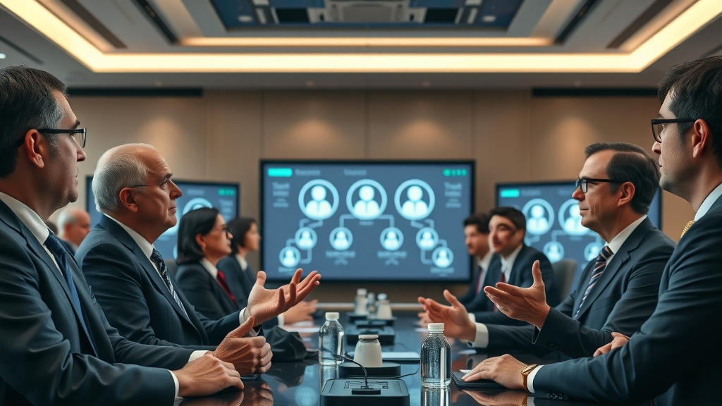group of experts and policymakers discussing AI ethics and privacy regulations in a formal conference room