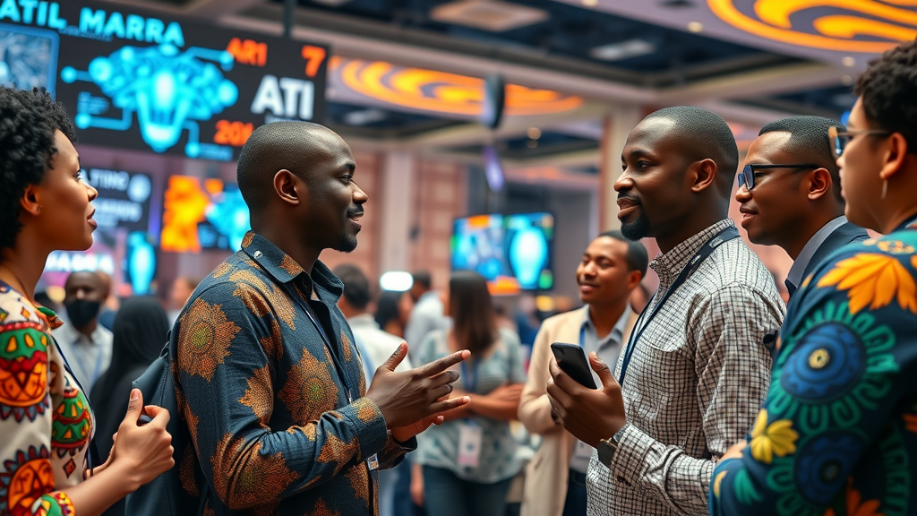 AI research Africa 2025 - vibrant African tech conference with diverse researchers collaborating in a bustling, innovative conference center with digital AI visualizations