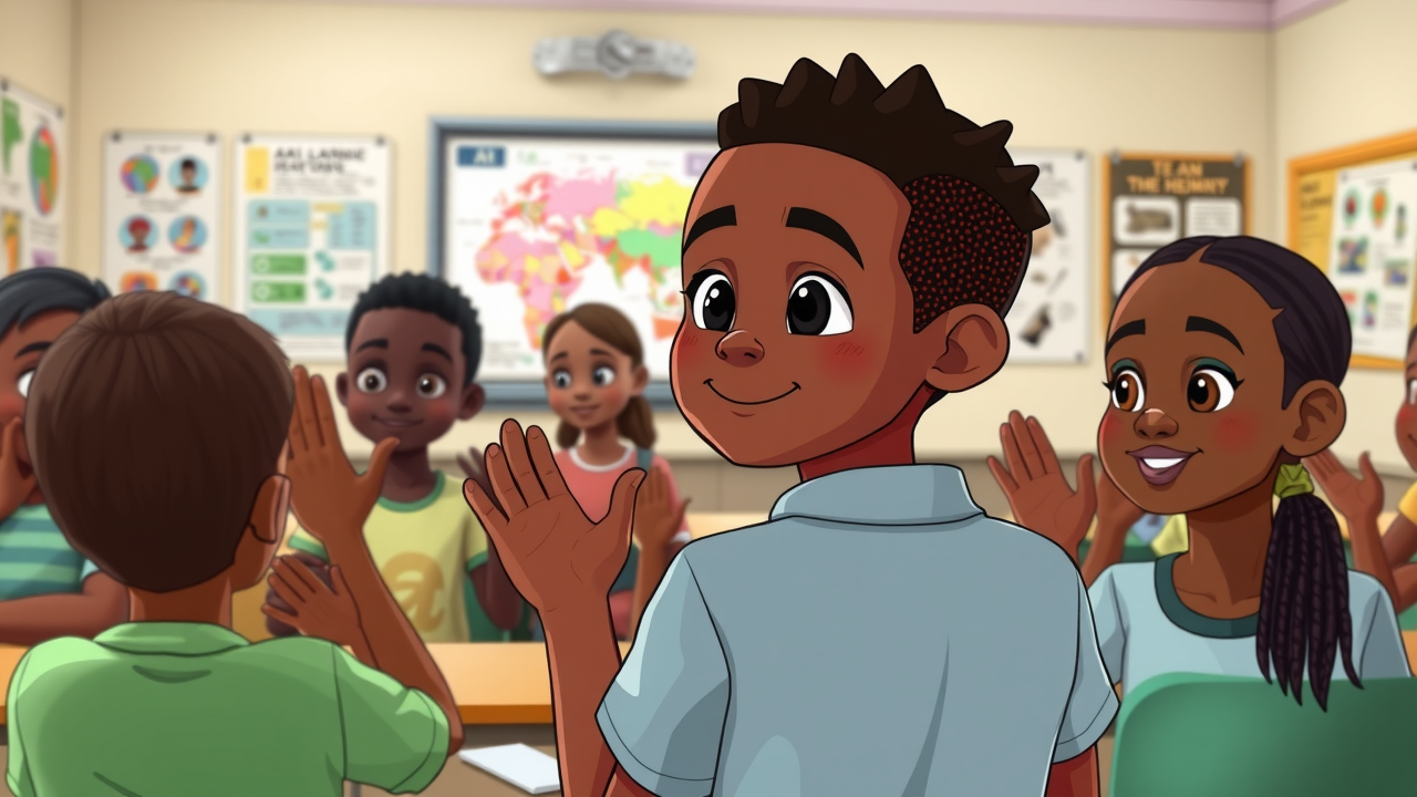 AI research Africa 2025 - African AI classroom with curious students learning from an interactive smart display about artificial intelligence and technology