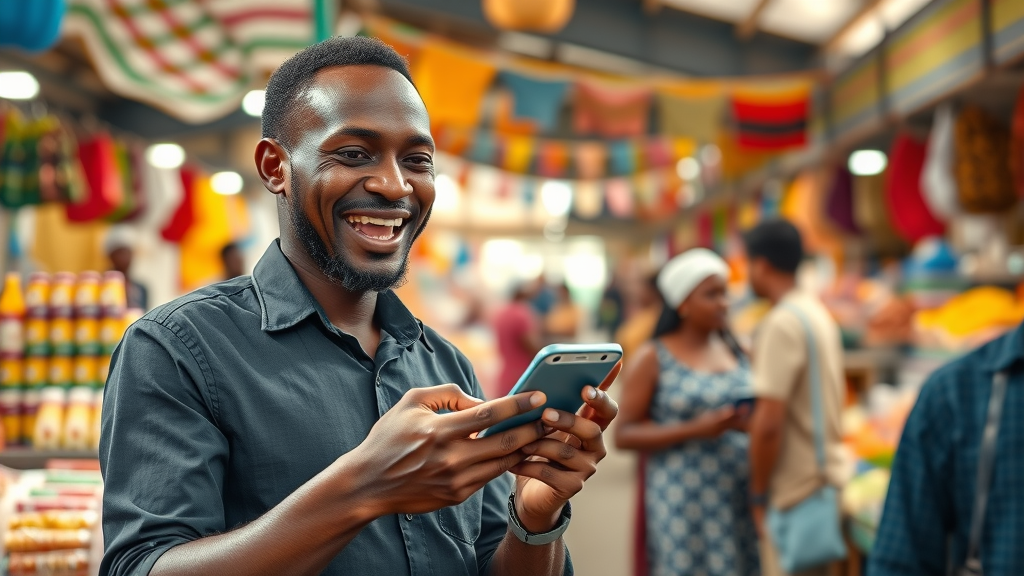 Innovative African entrepreneur presenting a mobile marketplace app to local vendors—African tech pioneers in e-commerce
