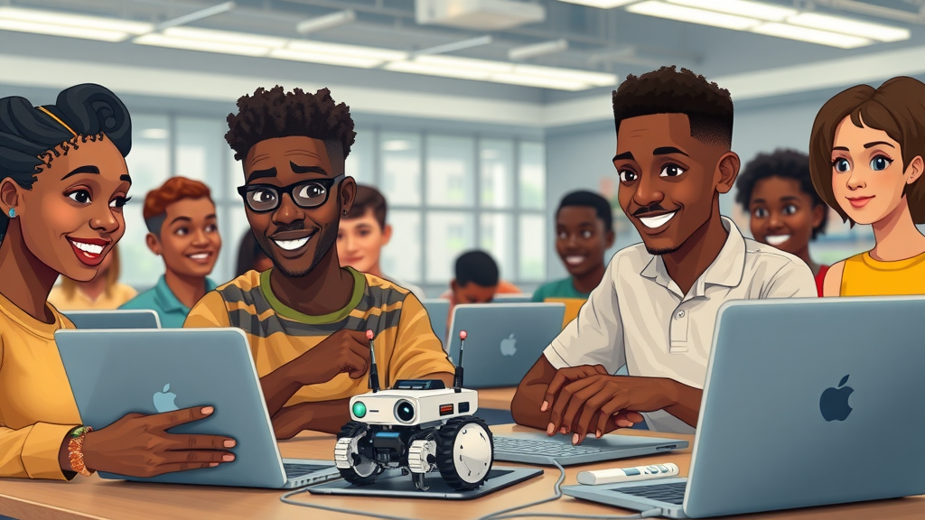 Ambitious African students at a robotics and AI workshop, using laptops and interactive screens—showcasing the importance of education and local talent for the future of AI in Africa.