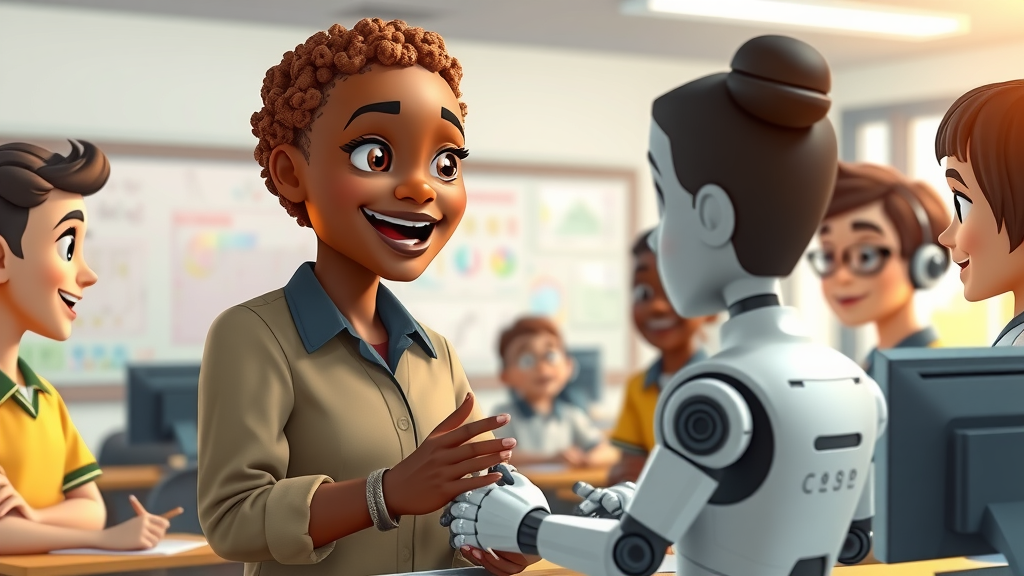 inspirational African teacher guiding students in digital AI learning lab with interactive smartboards and robotics kits.