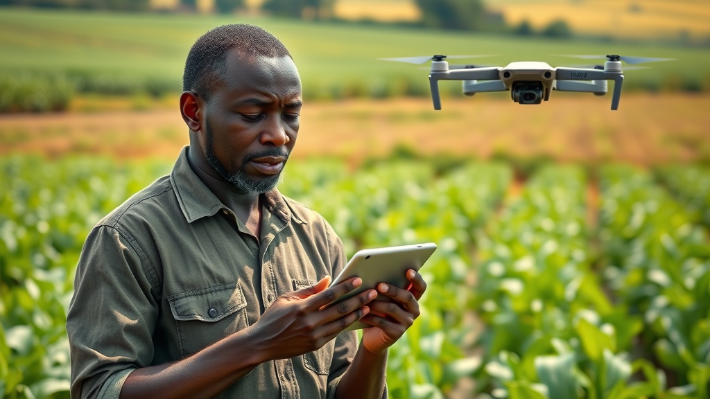 dynamic African farmer with AI-powered drone for smart agriculture in artificial intelligence Africa
