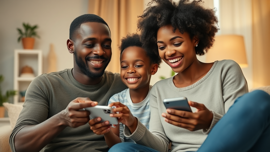 Optimistic African family interacting with smart AI devices, cozy home with digital screens, familial bonding, AI-driven development Africa, warm natural lighting, tech in daily life.