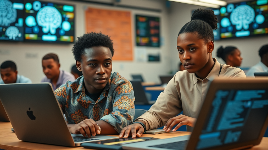 inspiring African classroom, young adult students, curious, exploring code on laptops, educational tech space with digital screens showing AI icons, highly detailed, digital learning in progress, vibrant colors, soft key lighting, 35mm lens, AI innovation in Africa